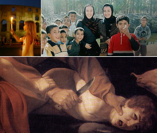 An image of the march which took place in Rome on September 6, 2004 in memory of the victims of Breslan and a photo of Simona Torretta and Simona Pari, two Italian aid workers seized in Central Baghdad on September 7, 2004 together with two Iraqi employees of non profit organizations.
