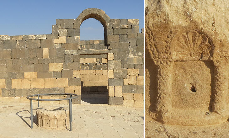 (left) Main courtyard of the castle; (right) detail of the well