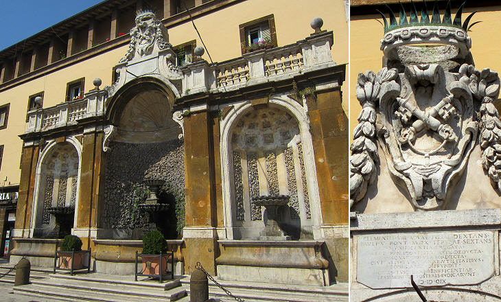(left) Main fountain; (right) coat of arms of Frascati and inscription on a previous fountain