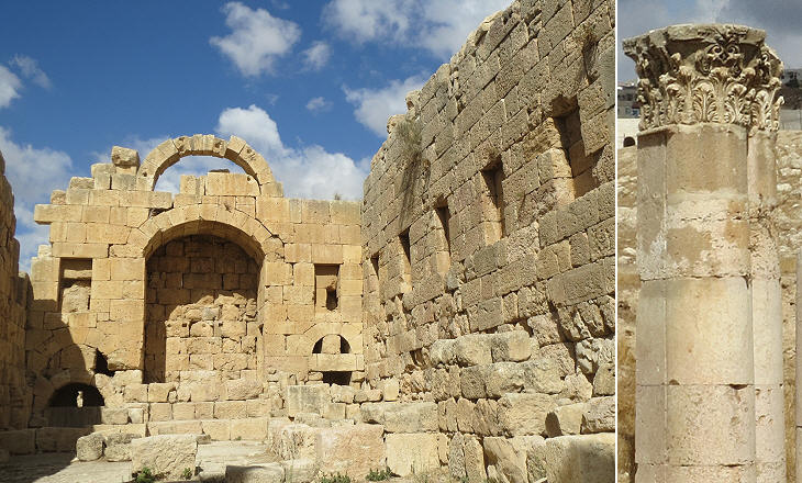 (left) Interior of the Temple to Artemis; (right) corner column of the peribolous