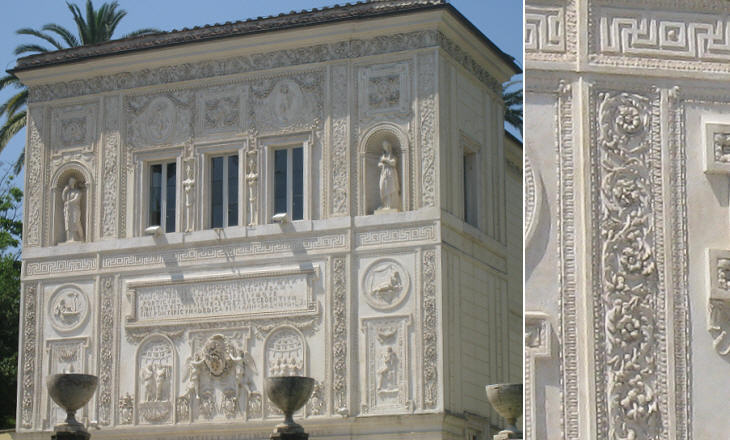 (left) The main building; (right) detail of its decoration