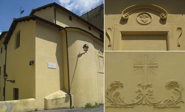 (left) Façade (modern) and side view; (right) details of the decoration
