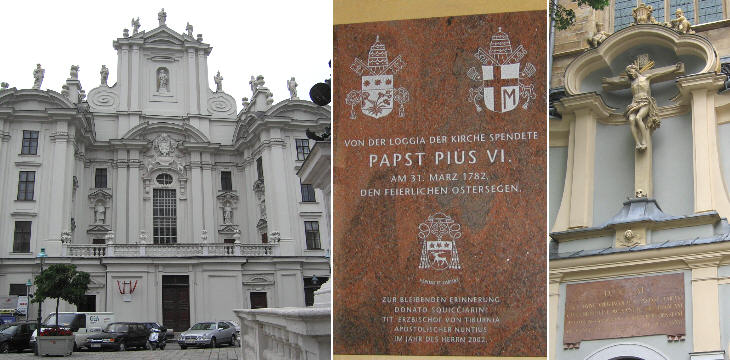 Kirche 'Zu den neun Choren der Engel'; inscription celebrating the papal visits; Minoritenkirche: inscription celebrating the assignment of the church to the Italian community
