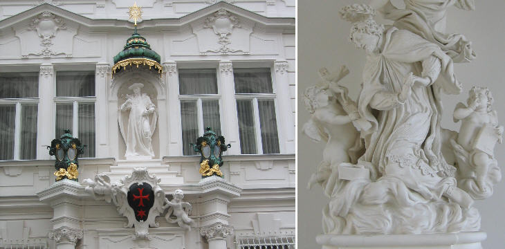 Statue of St. Charles Borromeo on a building behind the church and statue of St. John Nepomuk inside Karlskirche
