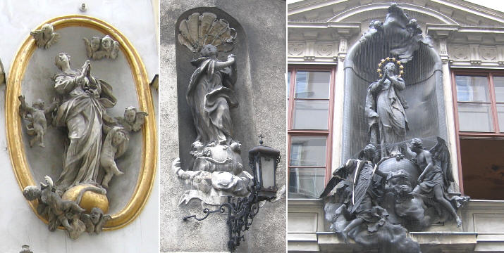 Statues of the Virgin Mary in Tublauchen 5, in Griechengasse 7 and in Johannesgasse 15
