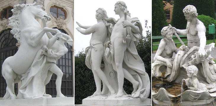 Horsetamer and Apollo and Dafne in Belvedere; triton in Marie-Theresien-Platz