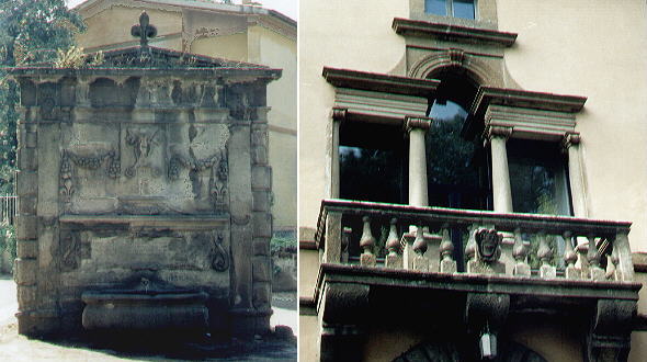 Fountain with the coat of arms of Paulus III and detail of a palace with the Pamphily's coat of arms
