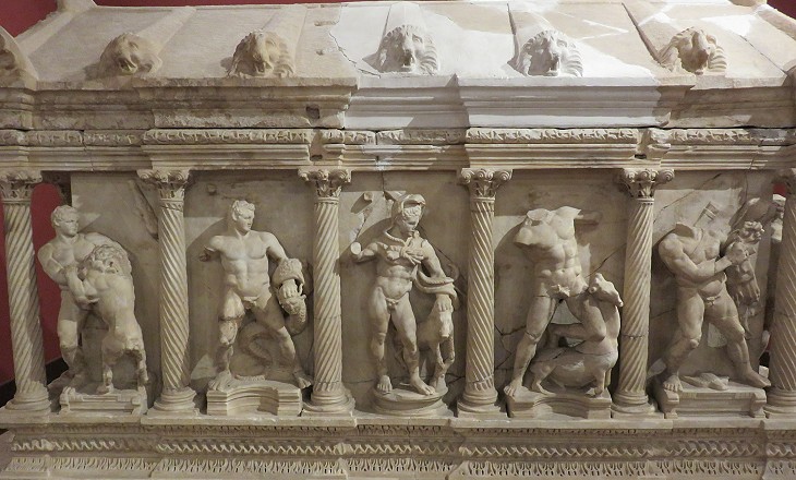Sidamara sarcophagus from Perge (IInd century AD) with reliefs showing the Twelve Labours of Hercules