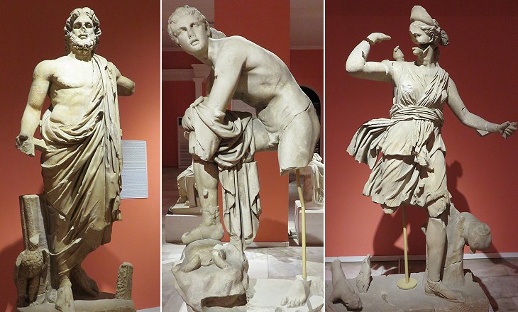 (left) Zeus; (centre) Hermes Tying His Sandals; (right) Artemis