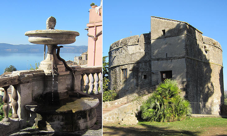 (left) Fountain with the symbols of the town; (right) Rocca di Anguillara