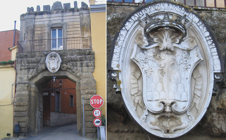 (left) Main gate; (centre) coat of arms of the Ruspoli Cesi; (right) XVIIIth century fountain