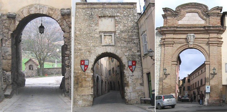 (left) Porta Tuderte (towards Todi); (centre) medieval Porta Romana; (right) XVIIIth century Porta Romana