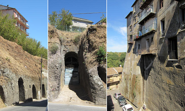 (left/centre) Stables and warehouses cut into the rock; (right) the cut made to the west of the town to protect it