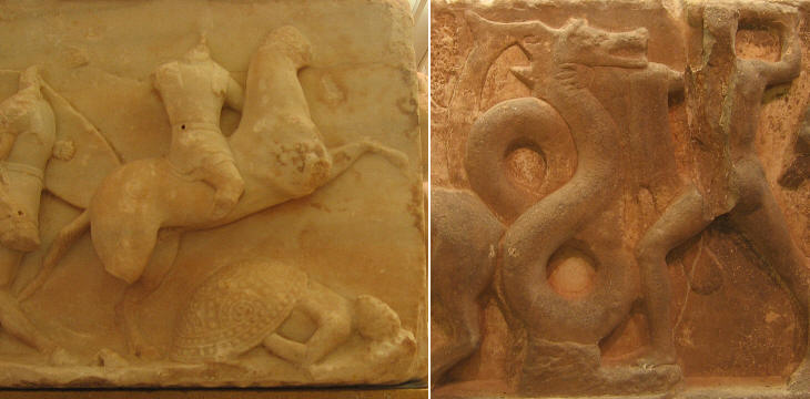 Roman reliefs: (left) Romans defeating the Macedonians; (right) a labour of Hercules