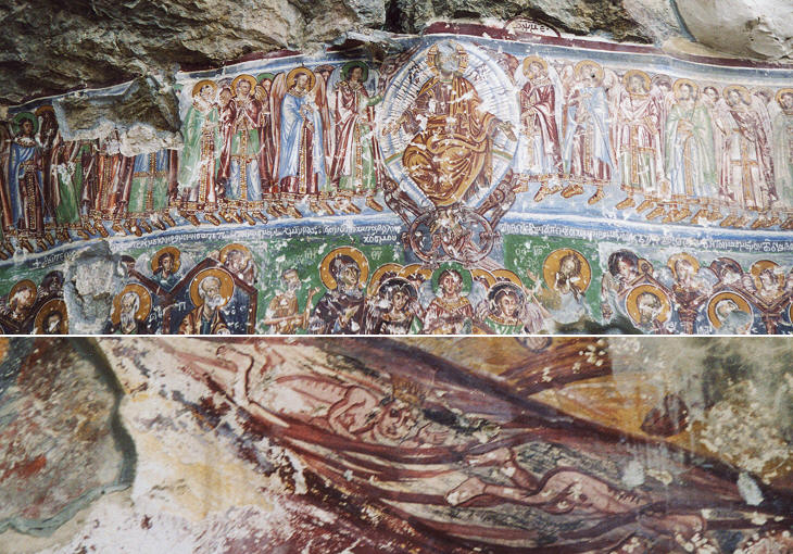 The Last Judgement painted on the rock and detail showing a king falling into Hell