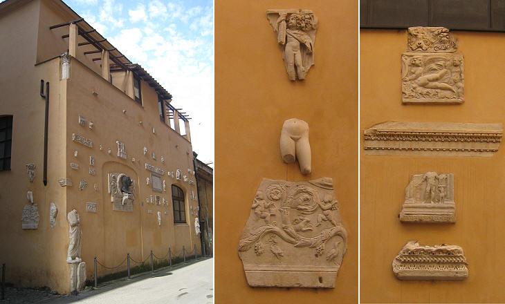 (left) Side opposite S. Giacomo degli Incurabili; (centre/right) reliefs on the walls